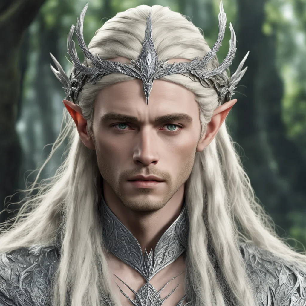 aiking thranduil with blond hair and braids wearing silver laurel leaf encrusted with diamonds elvish circlet with center diamond good looking trending fantastic 1