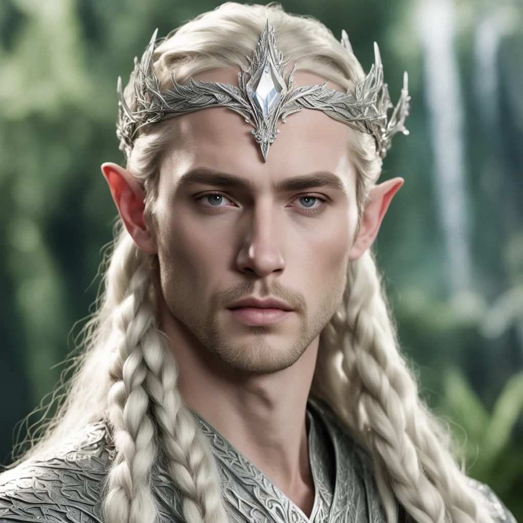 king thranduil with blond hair and braids wearing silver laurel leaf encrusted with diamonds elvish circlet with center diamond