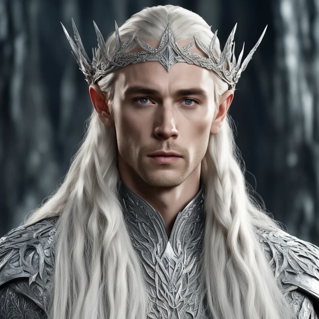 aiking thranduil with blond hair and braids wearing silver laurel leaf encrusted with diamonds to form silver elvish coronet with large center diamond amazing awesome portrait 2