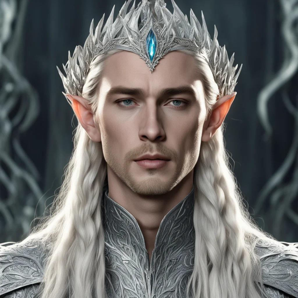 aiking thranduil with blond hair and braids wearing silver laurel leaf encrusted with diamonds to form silver elvish coronet with large center diamond confident engaging wow artstation art 3