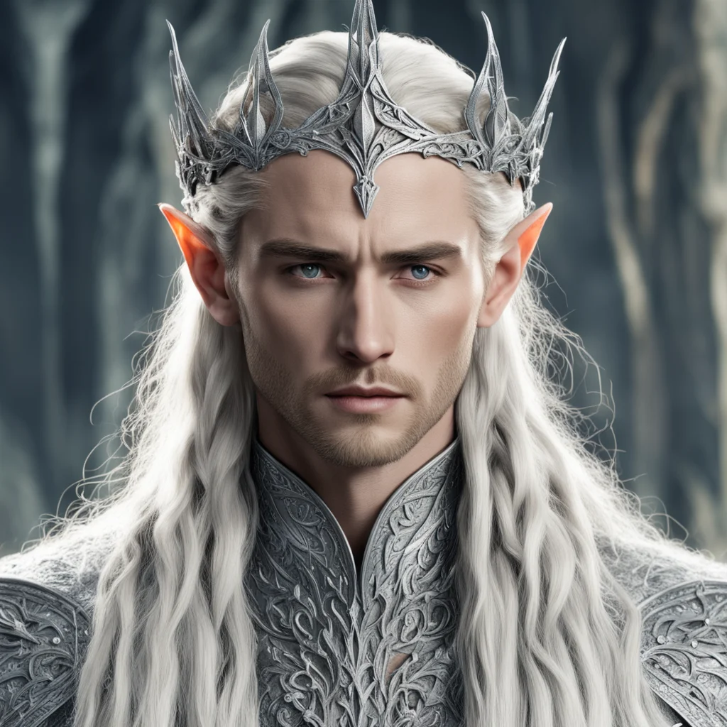 king thranduil with blond hair and braids wearing silver laurel leaf encrusted with diamonds to form silver elvish coronet with large center diamond good looking trending fantastic 1