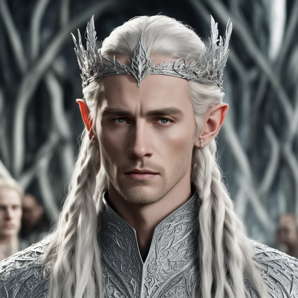 aiking thranduil with blond hair and braids wearing silver laurel leaf encrusted with diamonds to form silver elvish coronet with large center diamond