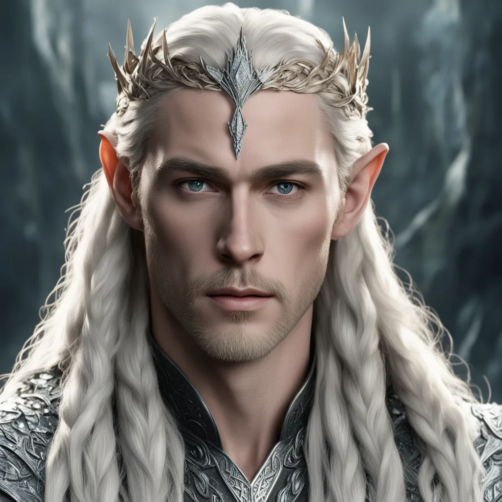 aiking thranduil with blond hair and braids wearing silver laurel leaf encrusted with diamonds with large diamond clusters and large center diamond  amazing awesome portrait 2