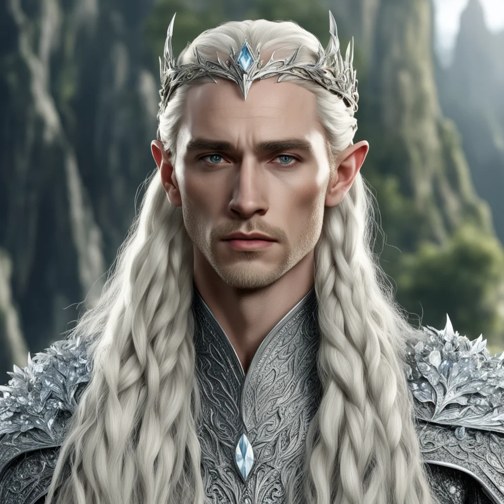 aiking thranduil with blond hair and braids wearing silver laurel leaf encrusted with diamonds with large diamond clusters and large center diamond  confident engaging wow artstation art 3