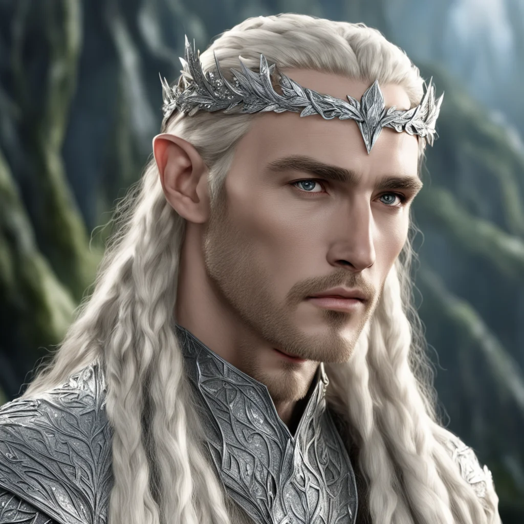 aiking thranduil with blond hair and braids wearing silver laurel leaf encrusted with diamonds with large diamond clusters and large center diamond  good looking trending fantastic 1