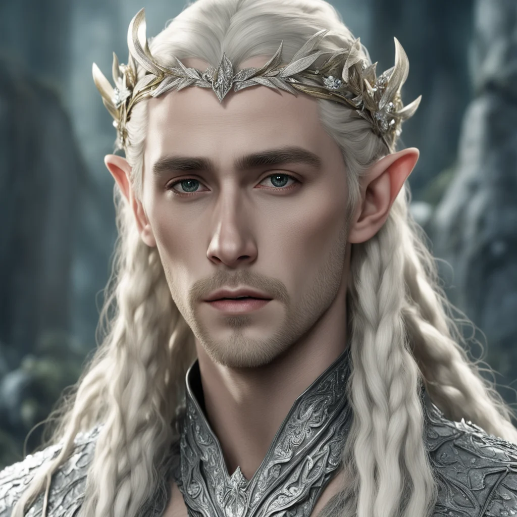 aiking thranduil with blond hair and braids wearing silver laurel leaf encrusted with diamonds with large diamond clusters and large center diamond 