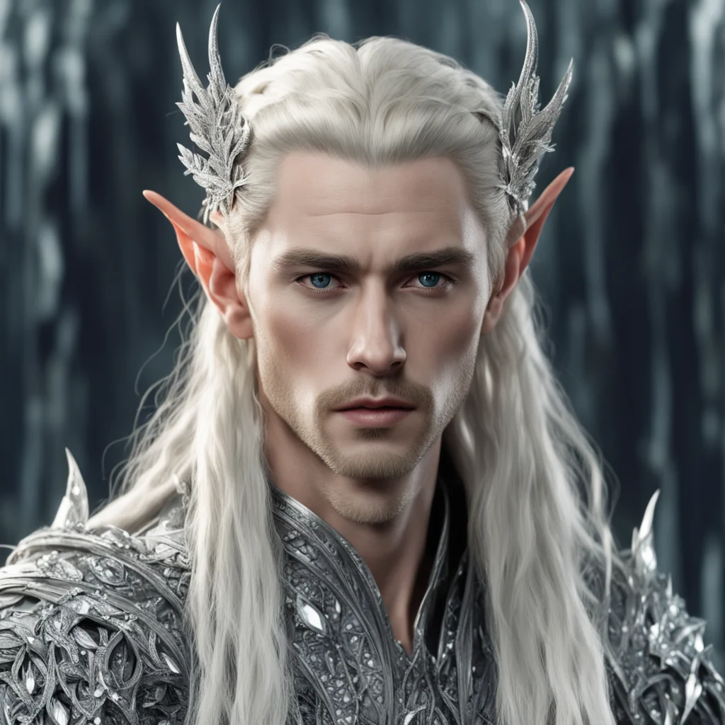 aiking thranduil with blond hair and braids wearing silver laurel leaf encrusted with diamonds with large diamond clusters to form silver elvish hair forks amazing awesome portrait 2