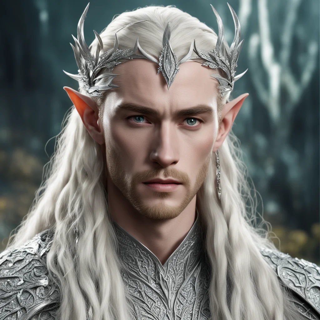 aiking thranduil with blond hair and braids wearing silver laurel leaf encrusted with diamonds with large diamond clusters to form silver elvish hair forks connected to large center diamond