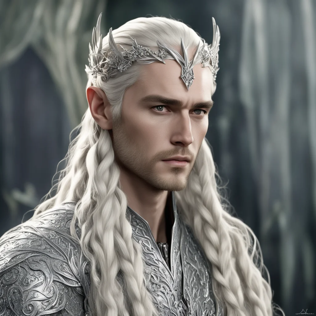 aiking thranduil with blond hair and braids wearing silver laurel leaf encrusted with diamonds with large diamond clusters to form silver elvish hair forks good looking trending fantastic 1