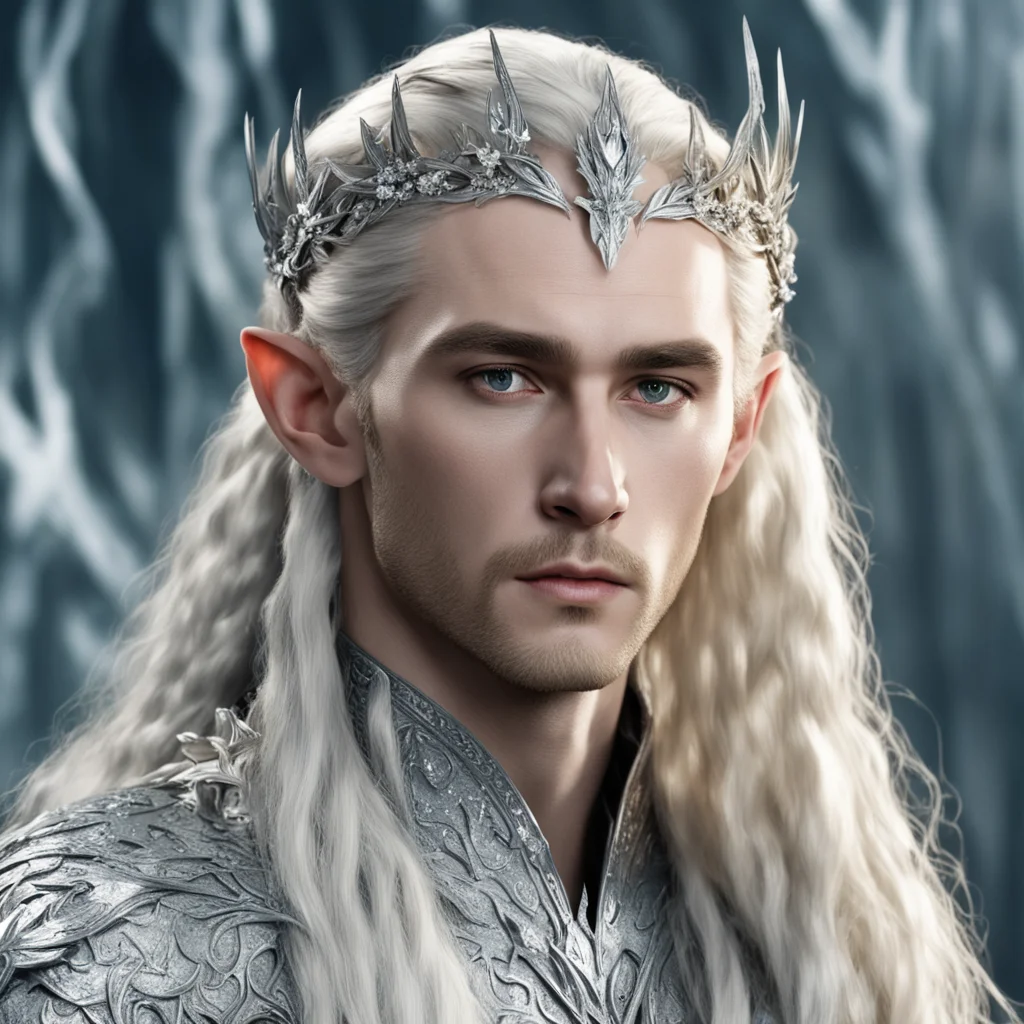 aiking thranduil with blond hair and braids wearing silver laurel leaf encrusted with diamonds with large diamond clusters to form silver elvish hair forks