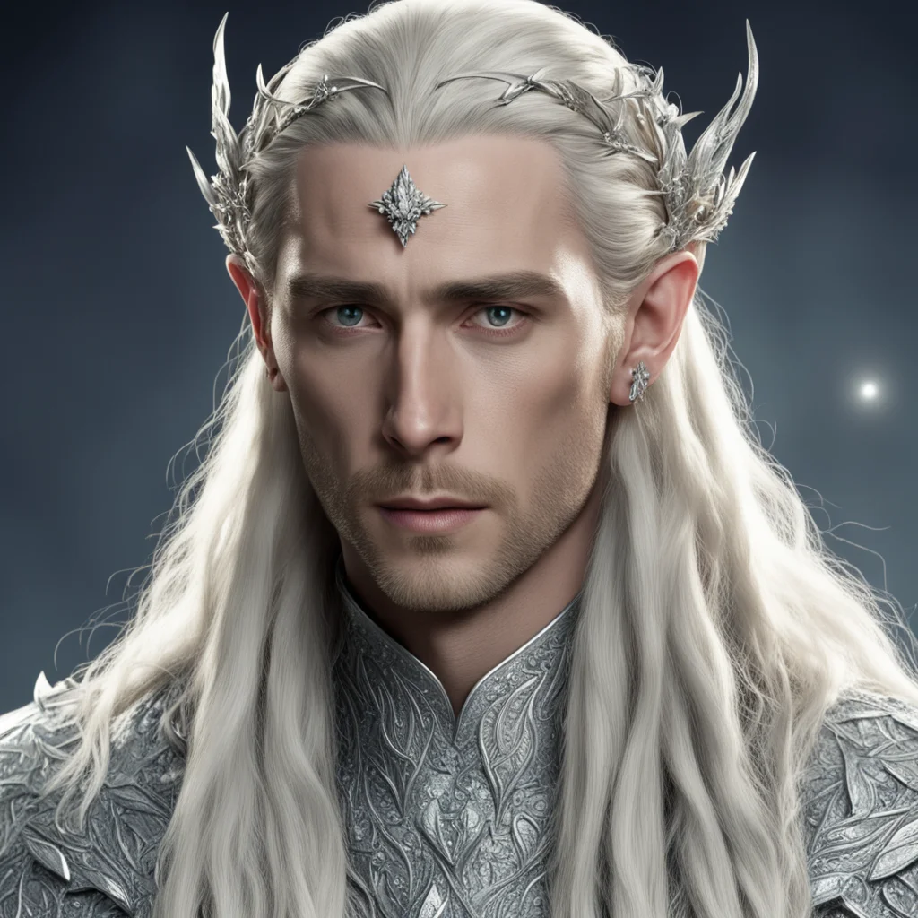 king thranduil with blond hair and braids wearing silver laurel leaf hair encrusted with diamonds with large diamond berry clusters to form a silver elvish circlet with large center diamond  good lo