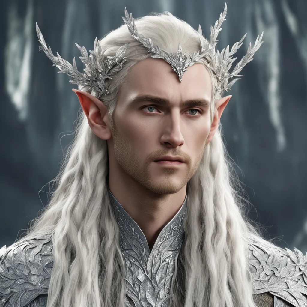 king thranduil with blond hair and braids wearing silver laurel leaf hair encrusted with diamonds with large diamond berry clusters to form a silver elvish circlet with large center diamond 