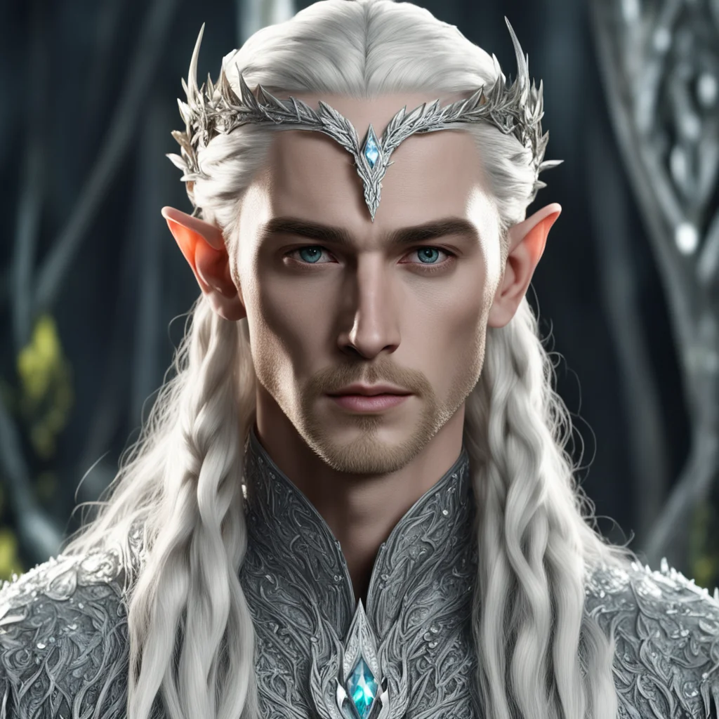 king thranduil with blond hair and braids wearing silver laurel leaves encrusted with diamonds and large diamond berries in silver elvish coroner with large center diamond good looking trending fant