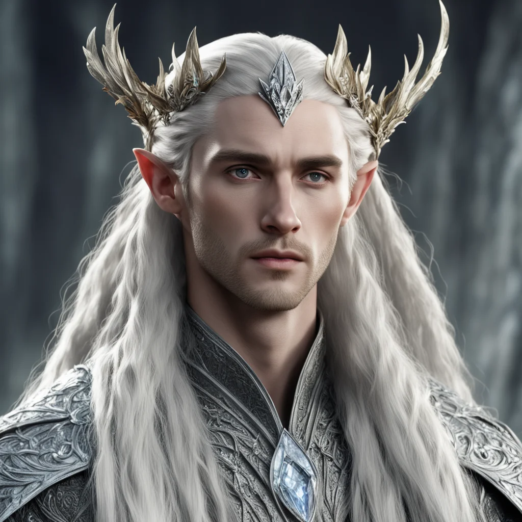 aiking thranduil with blond hair and braids wearing silver laurel leaves encrusted with diamonds and large diamond berries in silver elvish coroner with large center diamond