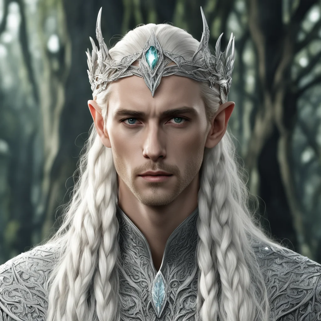 aiking thranduil with blond hair and braids wearing silver laurel leaves encrusted with diamonds forming a silver elvish circlet with large center diamond amazing awesome portrait 2