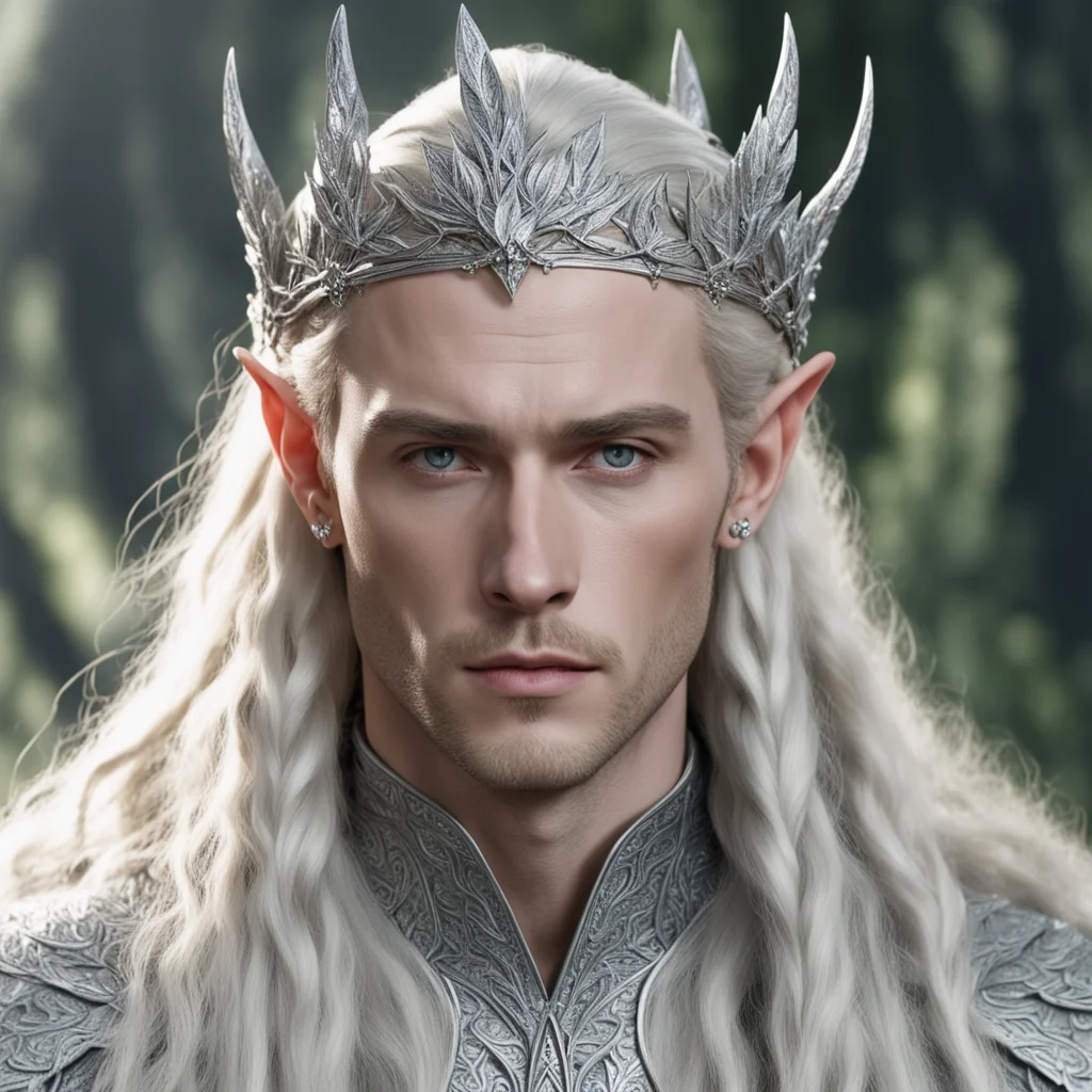 aiking thranduil with blond hair and braids wearing silver laurel leaves encrusted with diamonds forming a silver elvish circlet with large center diamond confident engaging wow artstation art 3