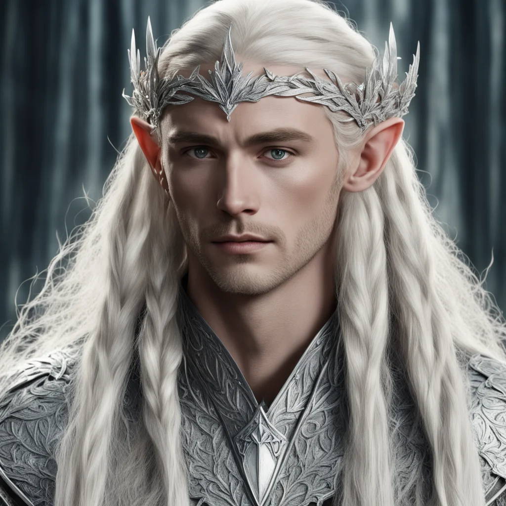 king thranduil with blond hair and braids wearing silver laurel leaves encrusted with diamonds forming a silver elvish circlet with large center diamond good looking trending fantastic 1