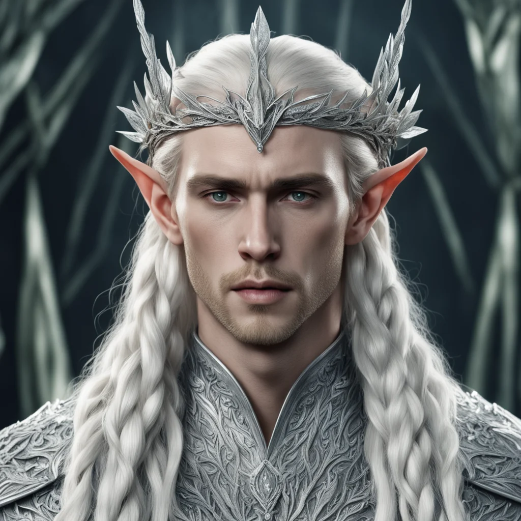 aiking thranduil with blond hair and braids wearing silver laurel leaves encrusted with diamonds forming a silver elvish circlet with large center diamond