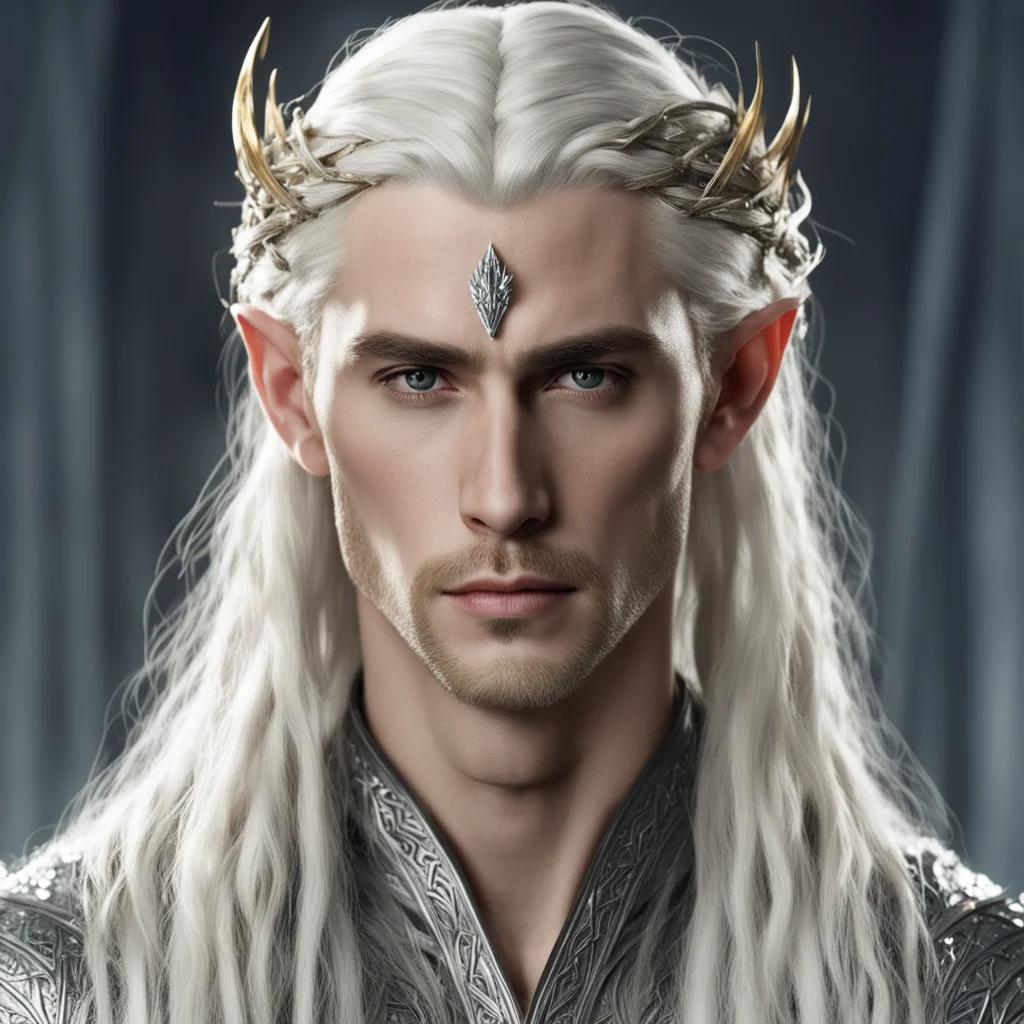 king thranduil with blond hair and braids wearing silver leaf and diamond string in hair good looking trending fantastic 1