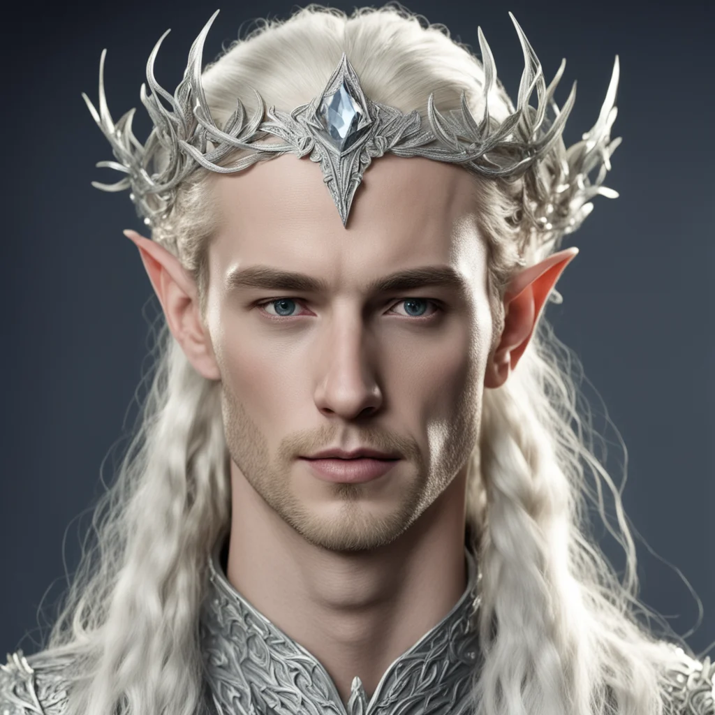 king thranduil with blond hair and braids wearing silver leaf and silver vine encrusted with diamonds intertwined to form silver elvish circlet with large center diamond confident engaging wow artst