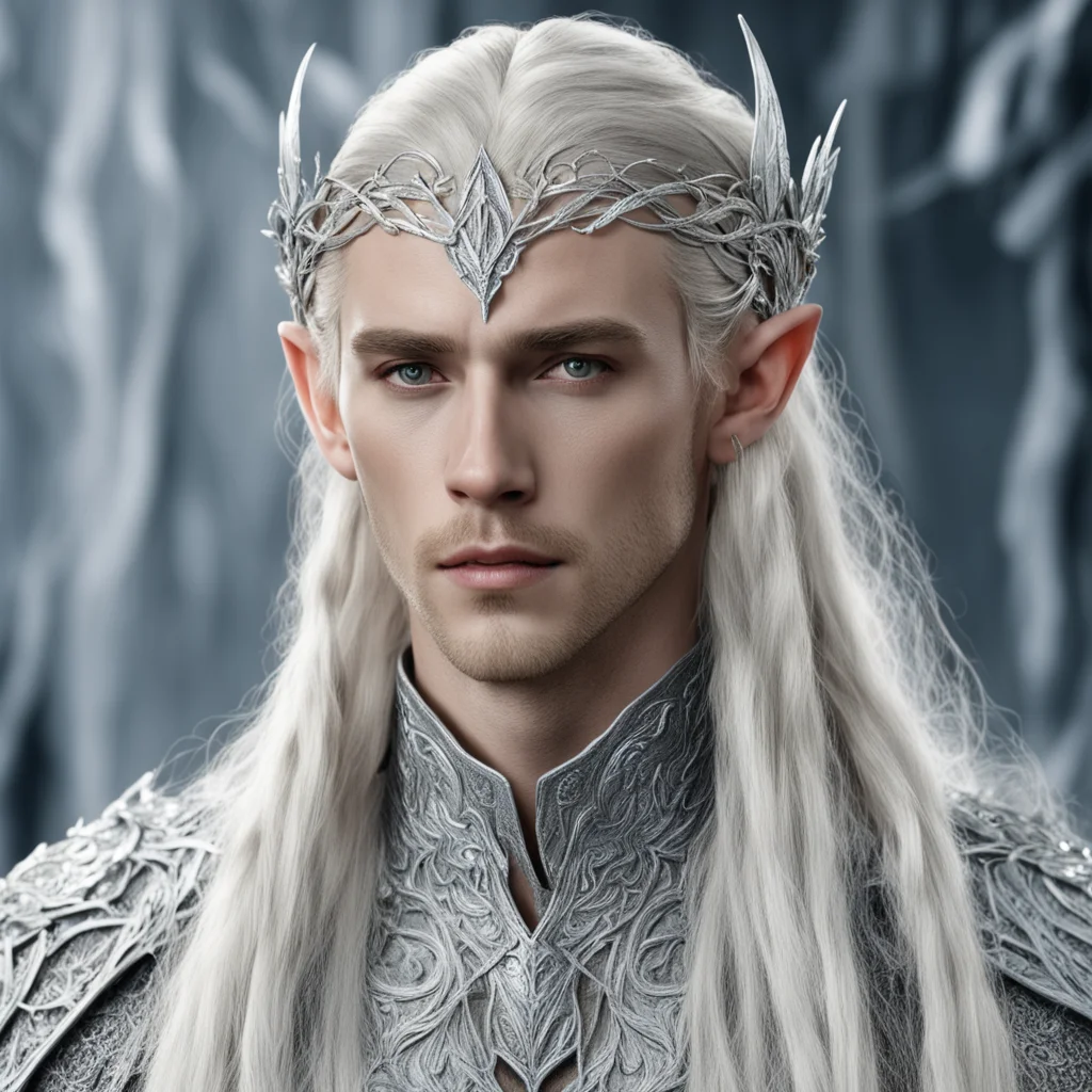king thranduil with blond hair and braids wearing silver leaf and silver vine encrusted with diamonds intertwined to form silver elvish circlet with large center diamond