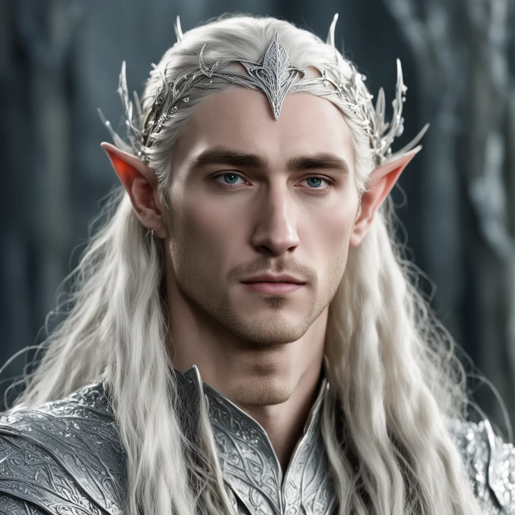 aiking thranduil with blond hair and braids wearing silver leaf and vine silver elvish circlet encrusted with diamonds good looking trending fantastic 1