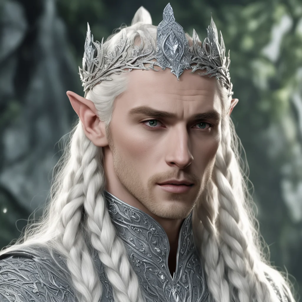 aiking thranduil with blond hair and braids wearing silver leaf and vine silver elvish circlet encrusted with diamonds with larger center diamond amazing awesome portrait 2