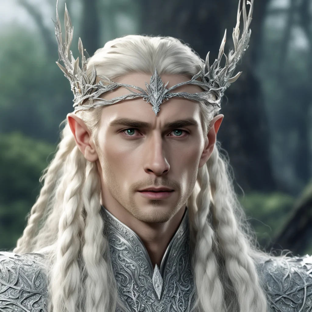 aiking thranduil with blond hair and braids wearing silver leaf and vine silver elvish circlet encrusted with diamonds with larger center diamond confident engaging wow artstation art 3