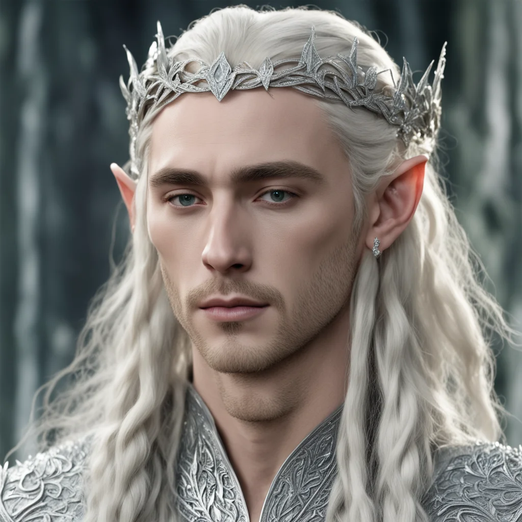 king thranduil with blond hair and braids wearing silver leaf and vine silver elvish circlet encrusted with diamonds with larger center diamond good looking trending fantastic 1