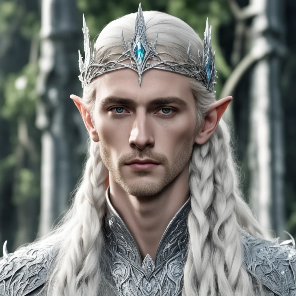 aiking thranduil with blond hair and braids wearing silver leaf and vine silver elvish circlet encrusted with diamonds with larger center diamond