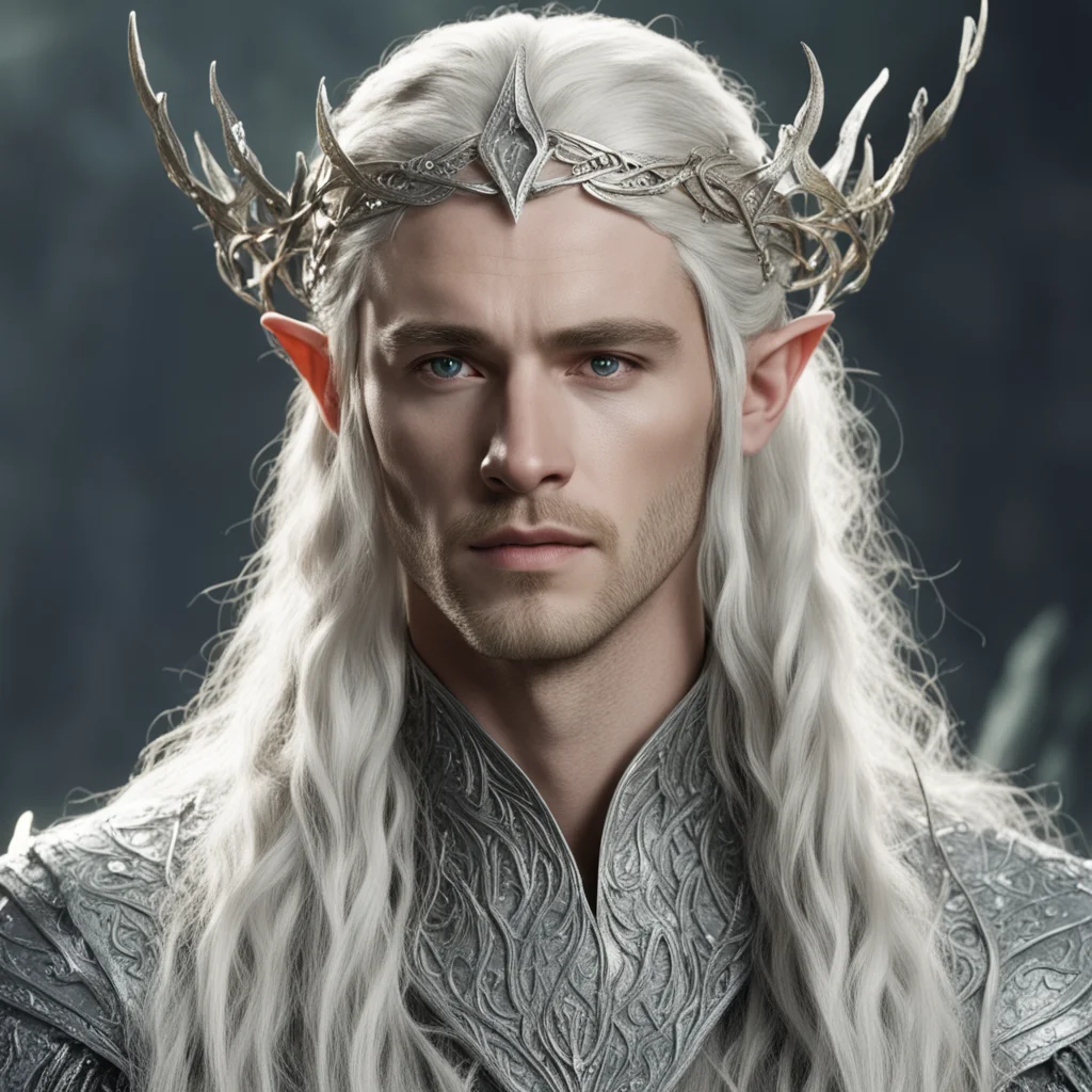 aiking thranduil with blond hair and braids wearing silver leaf and vine silver elvish circlet encrusted with diamonds
