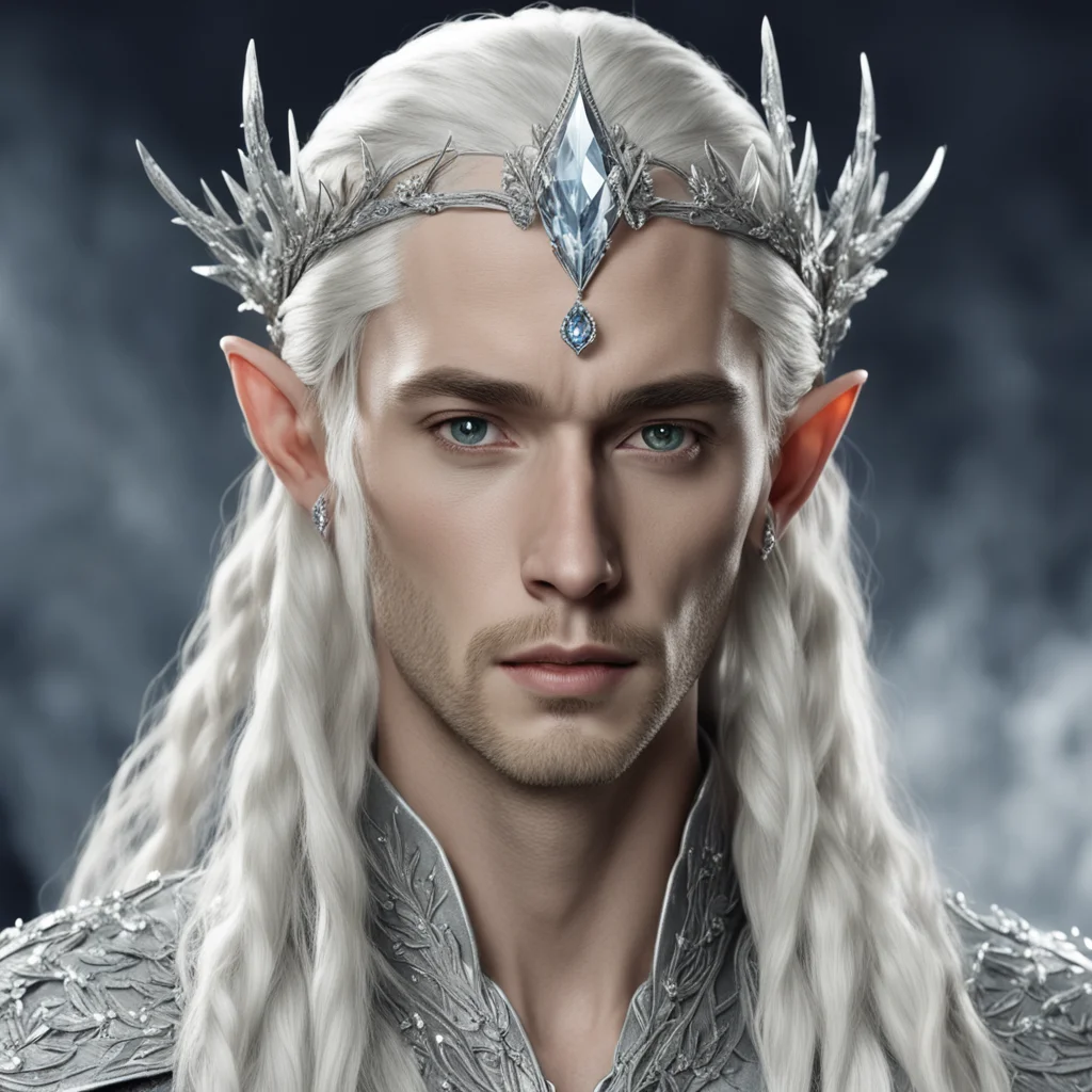 aiking thranduil with blond hair and braids wearing silver leaf encrusted with diamonds and large diamond berry clusters forming a silver elvish circlet with large center diamond 