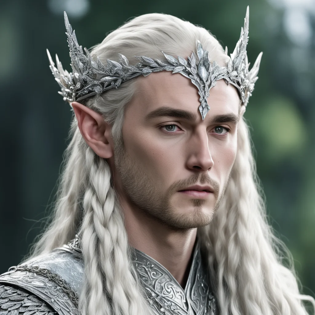 king thranduil with blond hair and braids wearing silver leaf encrusted with diamonds and large diamond berry clusters forming a silver elvish circlet with large center diamond amazing awesome portr