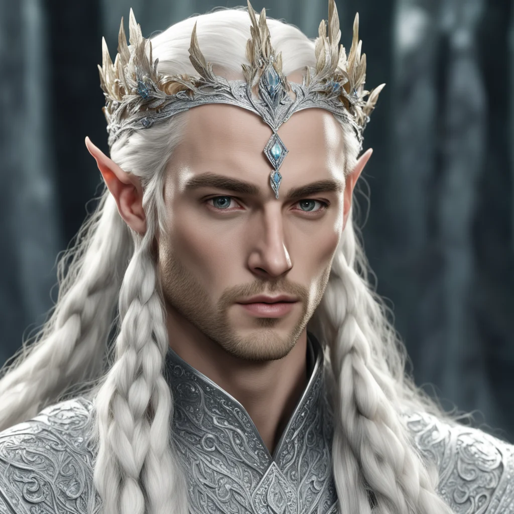 king thranduil with blond hair and braids wearing silver leaf encrusted with diamonds and large diamond berry clusters forming a silver elvish circlet with large center diamond confident engaging wo
