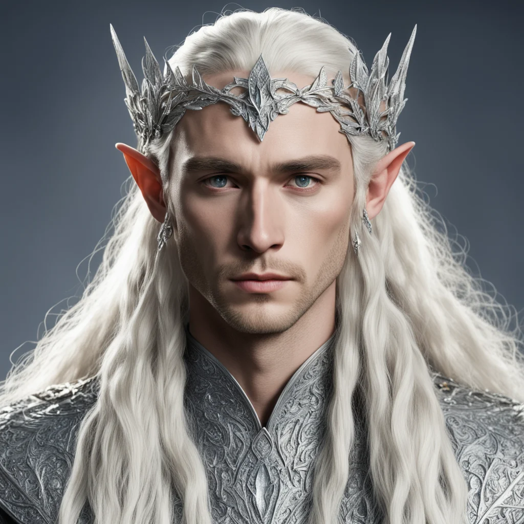 aiking thranduil with blond hair and braids wearing silver leaf encrusted with diamonds and large diamond berry clusters forming a silver elvish circlet with large center diamond