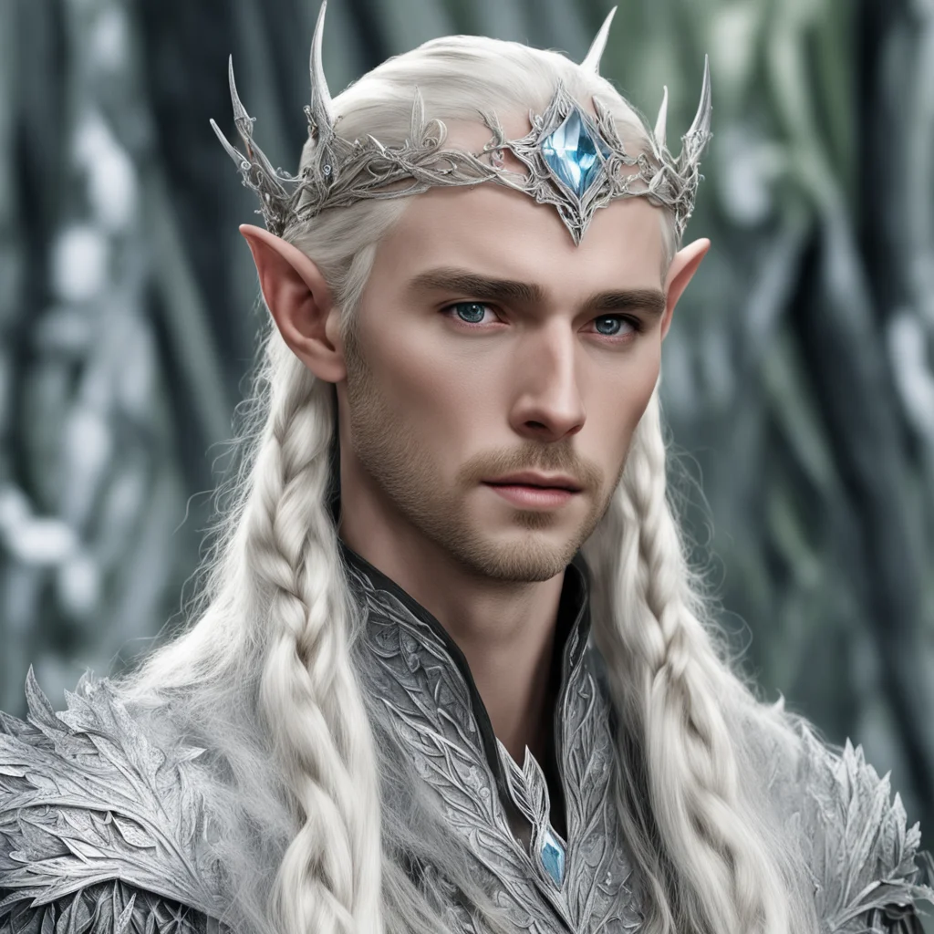 aiking thranduil with blond hair and braids wearing silver leaf with diamond clusters silver elvish circlet with center diamond amazing awesome portrait 2