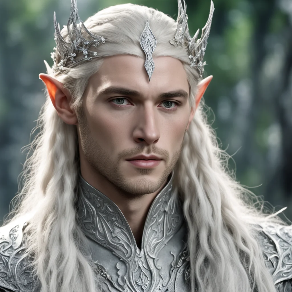 aiking thranduil with blond hair and braids wearing silver leaf with diamond clusters silver elvish circlet with center diamond confident engaging wow artstation art 3