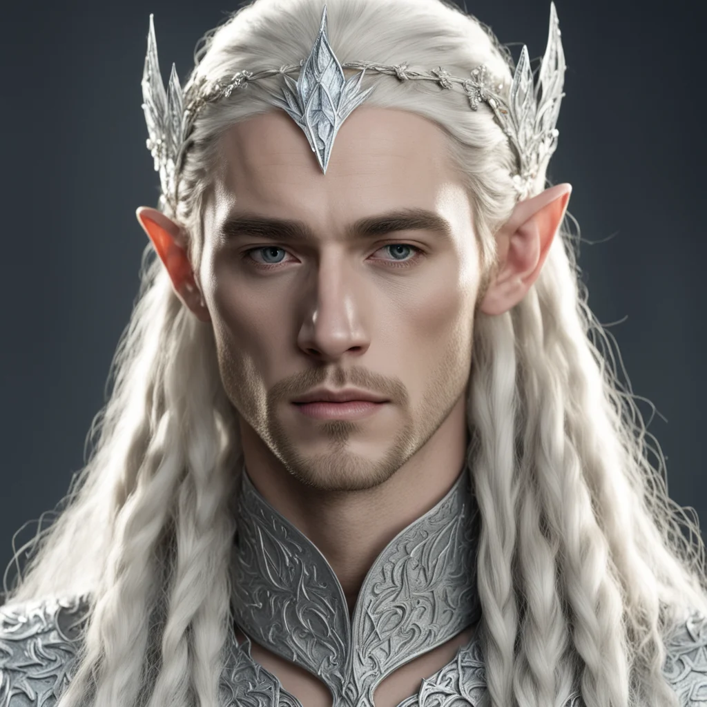 aiking thranduil with blond hair and braids wearing silver leaf with diamond clusters silver elvish circlet with center diamond good looking trending fantastic 1