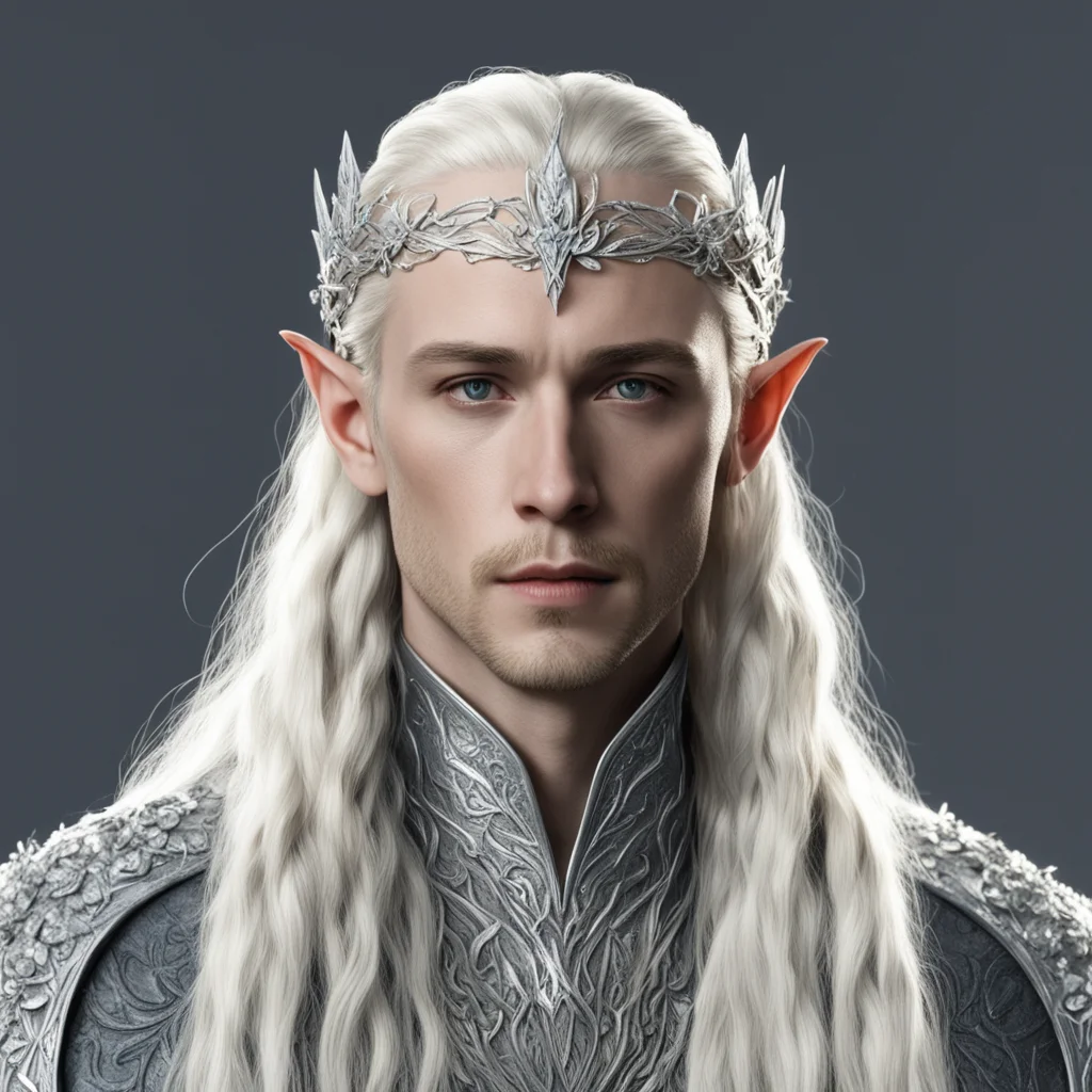 king thranduil with blond hair and braids wearing silver leaf with diamond clusters silver elvish circlet with center diamond