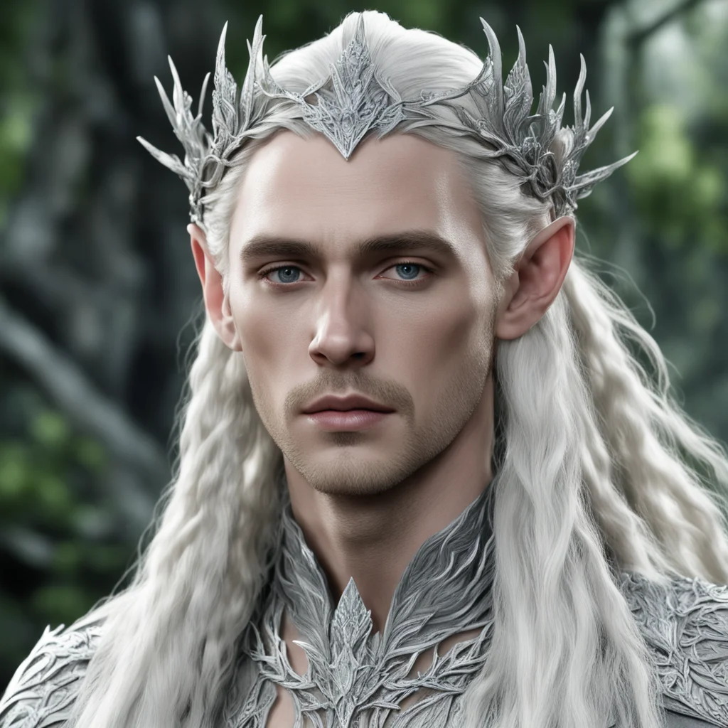 king thranduil with blond hair and braids wearing silver leafy vines encrusted with diamonds forming a silver elvish circlet with large center diamond  amazing awesome portrait 2