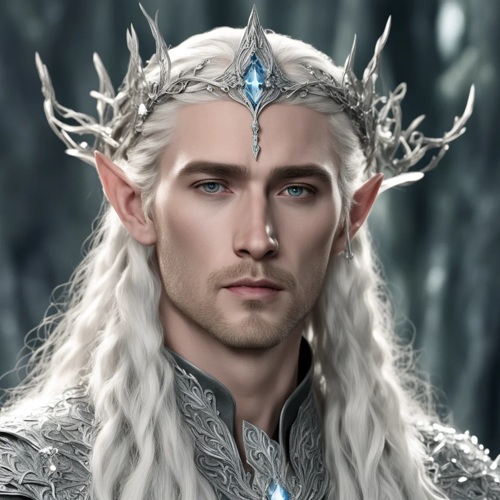 aiking thranduil with blond hair and braids wearing silver leafy vines encrusted with diamonds forming a silver elvish circlet with large center diamond  confident engaging wow artstation art 3