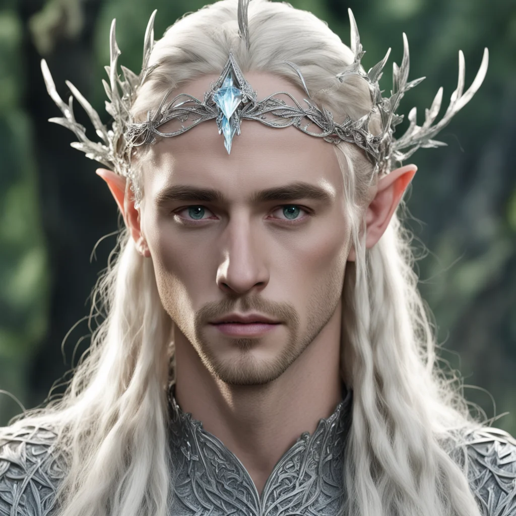 aiking thranduil with blond hair and braids wearing silver leafy vines encrusted with diamonds forming a silver elvish circlet with large center diamond  good looking trending fantastic 1