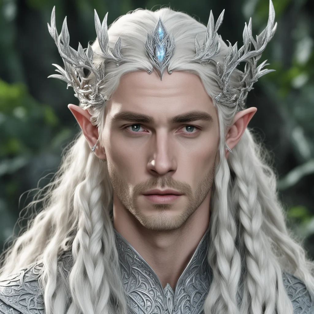 aiking thranduil with blond hair and braids wearing silver leafy vines encrusted with diamonds forming a silver elvish circlet with large center diamond 