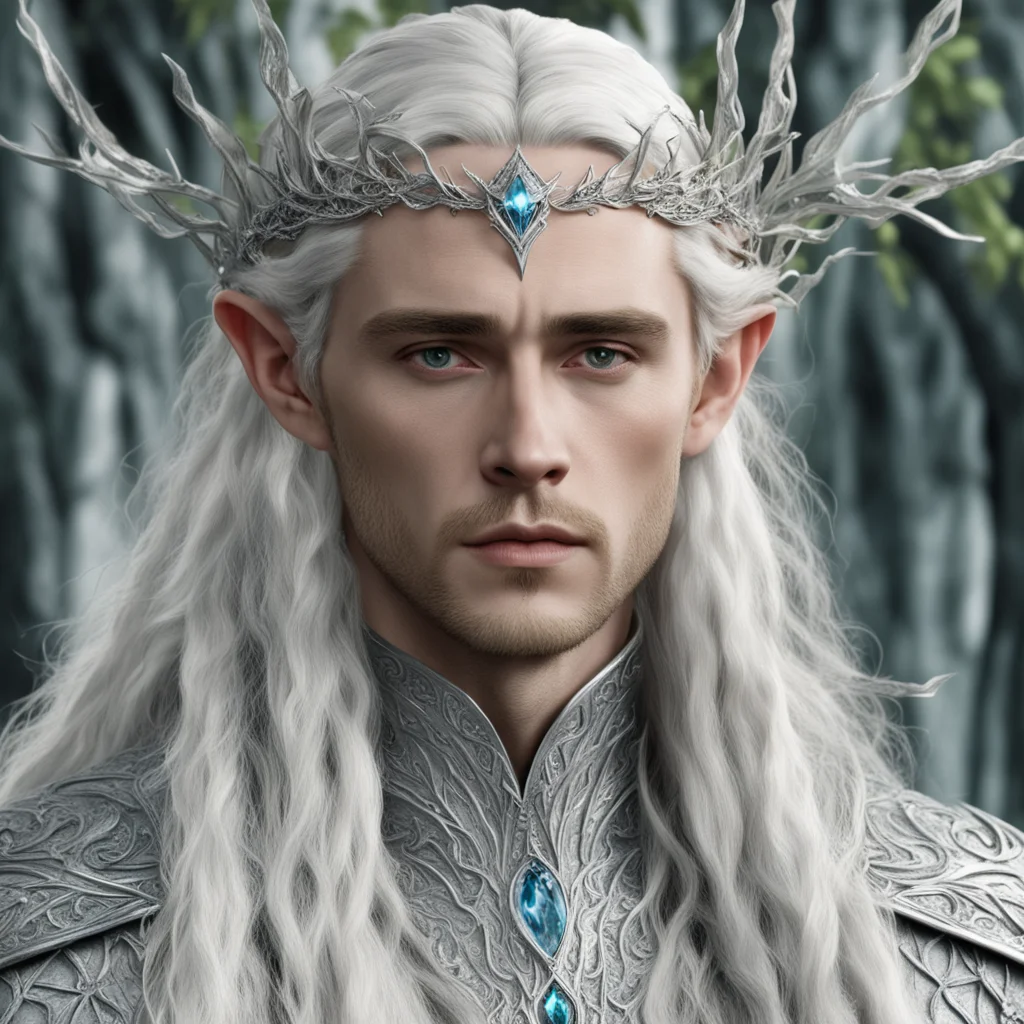 aiking thranduil with blond hair and braids wearing silver leafy vines encrusted with diamonds forming a silver elvish circlet with large center diamond amazing awesome portrait 2