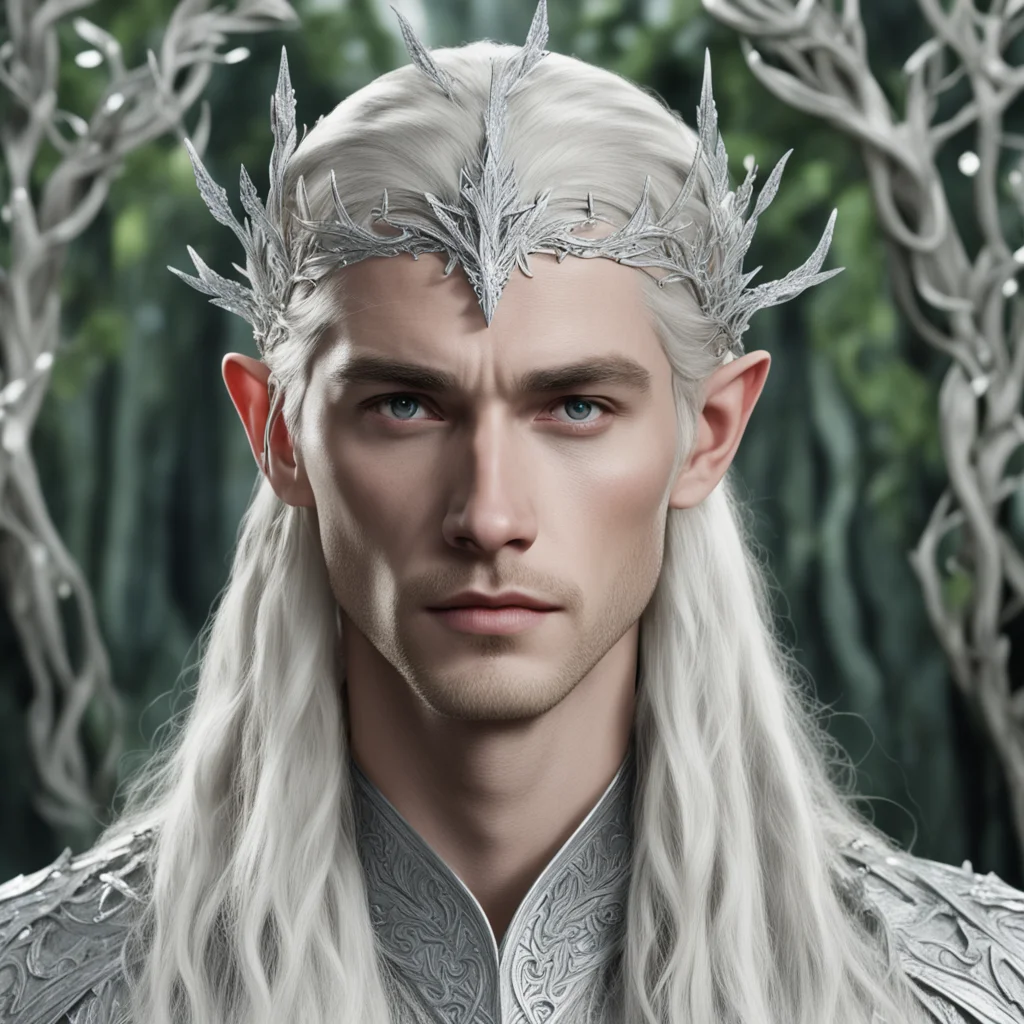 aiking thranduil with blond hair and braids wearing silver leafy vines encrusted with diamonds forming a silver elvish circlet with large center diamond good looking trending fantastic 1