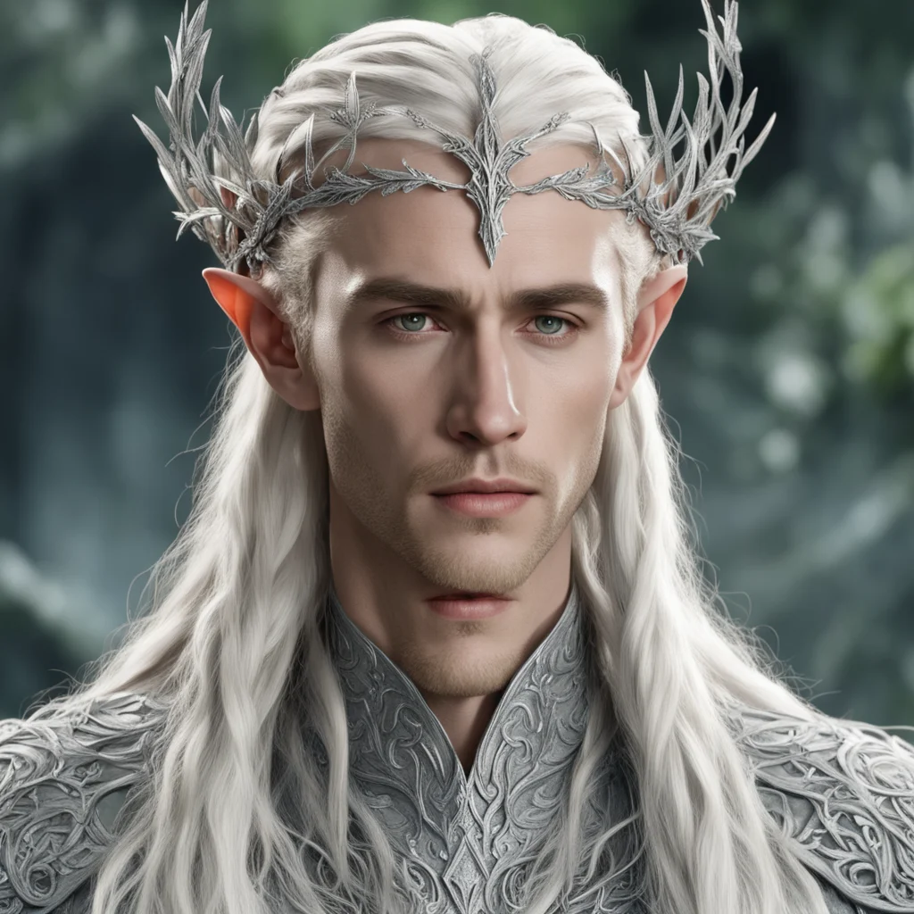 aiking thranduil with blond hair and braids wearing silver leafy vines encrusted with diamonds forming a silver elvish circlet with large center diamond