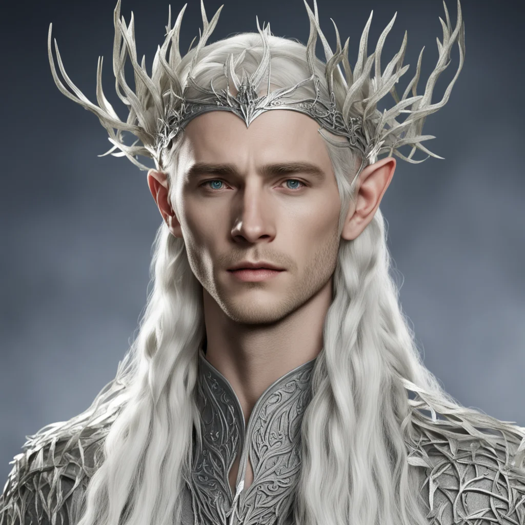 king thranduil with blond hair and braids wearing silver leafy vines encrusted with diamonds intertwined to form a small silver elvish circlet with large center diamond  amazing awesome portrait 2.w