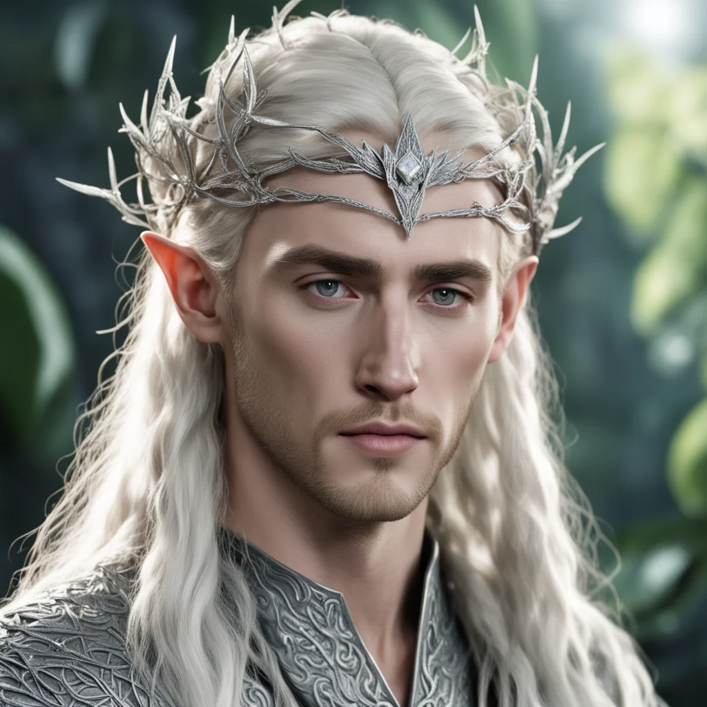 king thranduil with blond hair and braids wearing silver leafy vines encrusted with diamonds intertwined to form a small silver elvish circlet with large center diamond  confident engaging wow artst