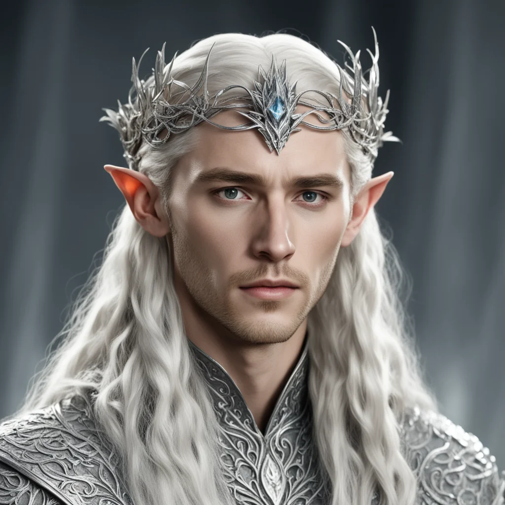 king thranduil with blond hair and braids wearing silver leafy vines encrusted with diamonds intertwined to form a small silver elvish circlet with large center diamond  good looking trending fantas