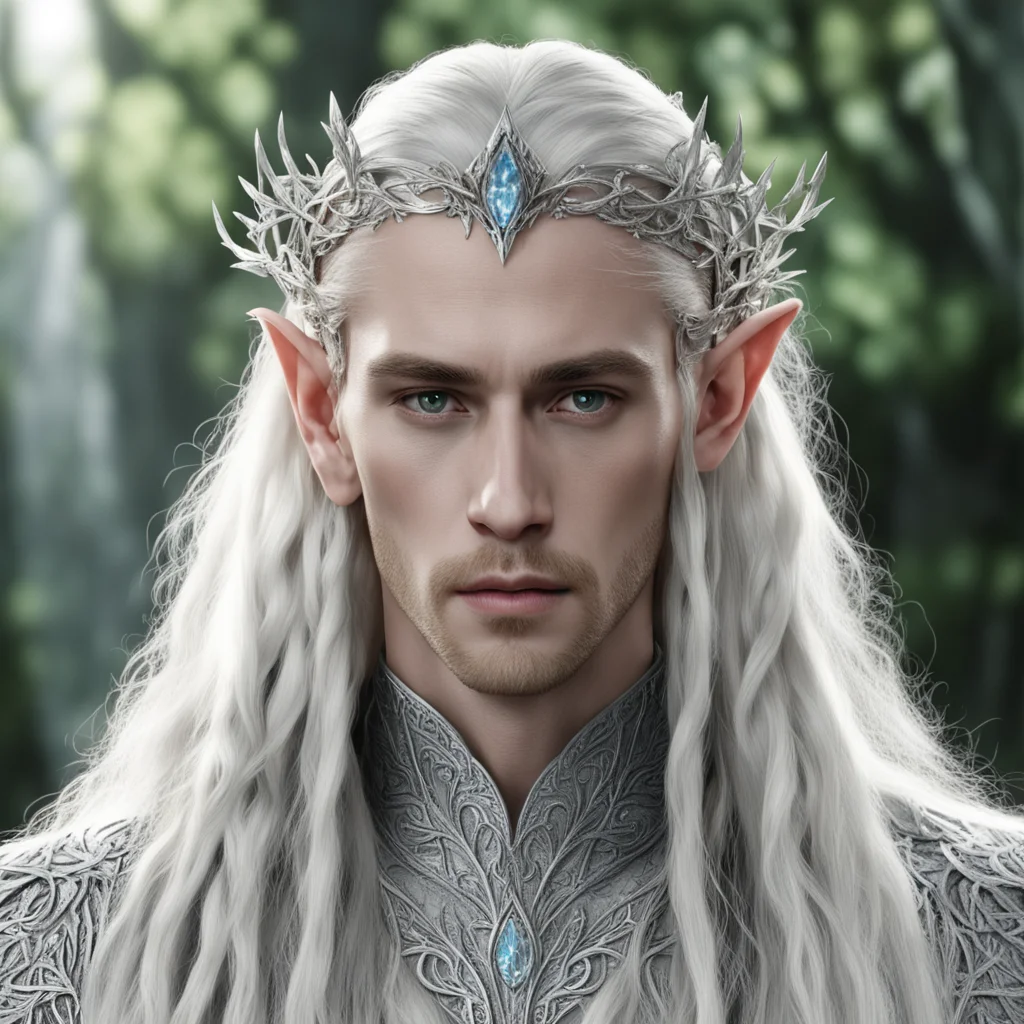 aiking thranduil with blond hair and braids wearing silver leafy vines encrusted with diamonds intertwined to form a small silver elvish circlet with large center diamond 